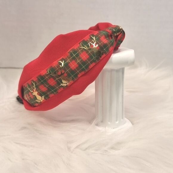 GOLD DEER RED GREEN PLAID CHRISTMAS HEADBAND - Picture 3 of 5